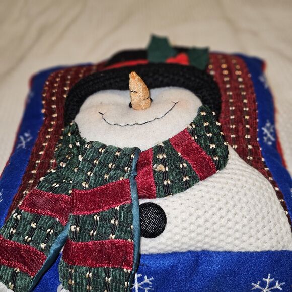 Vintage Quilted Snowman Throw Pillow Crochet Outfit Christmas Decor Let It Snow - Picture 12 of 13